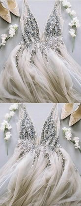 Deep V Neck Long Tulle Split Prom Evening Dresses With Sequins And Beads